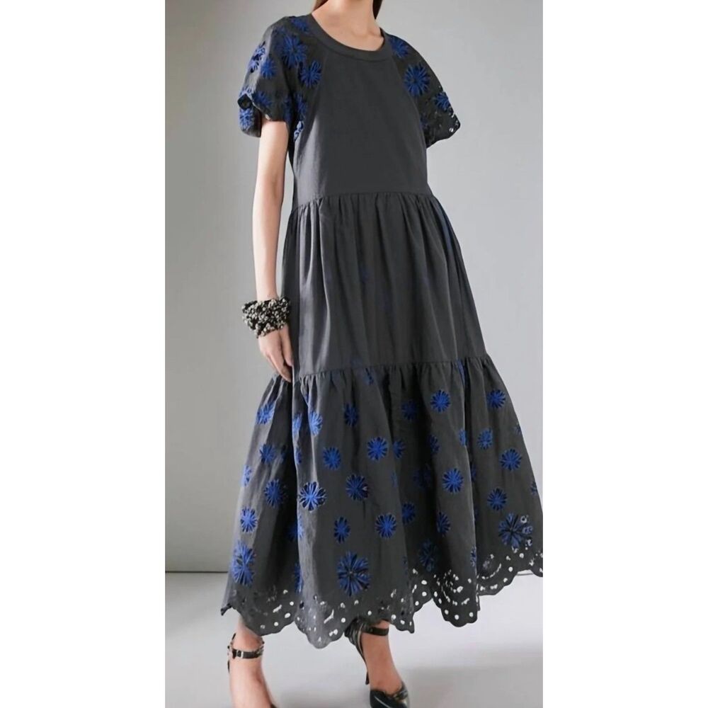 Something Navy Embroidered Tiered Maxi Dress Black Combo Women's S NWT